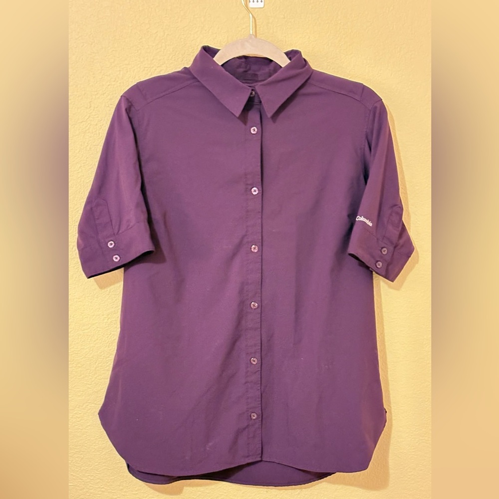 Columbia Women’s Shirt Purple Short Sleeve Button Down Size L Outdoor Hiking
